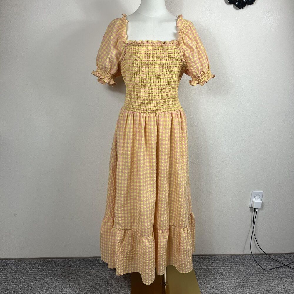 Rachel Parcell Dress Womens Large Yellow Gingham Smocked Midi Cottagecore
